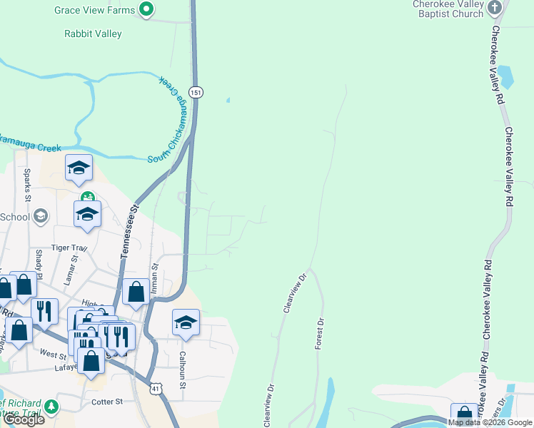 map of restaurants, bars, coffee shops, grocery stores, and more near 525 Inman Street in Ringgold