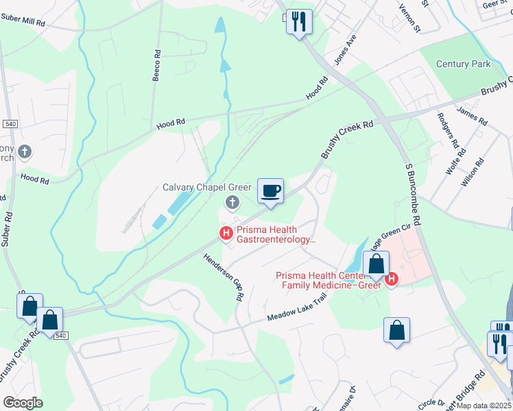 map of restaurants, bars, coffee shops, grocery stores, and more near Windsinger Lane in Greer