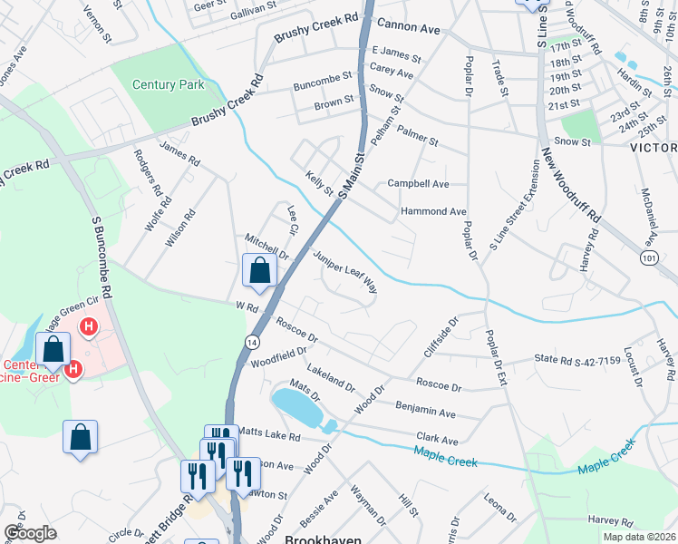 map of restaurants, bars, coffee shops, grocery stores, and more near 211 Juniper Leaf Way in Greer