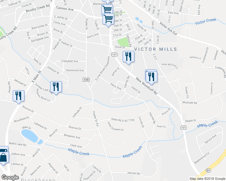 map of restaurants, bars, coffee shops, grocery stores, and more near 208 Perry Avenue in Greer
