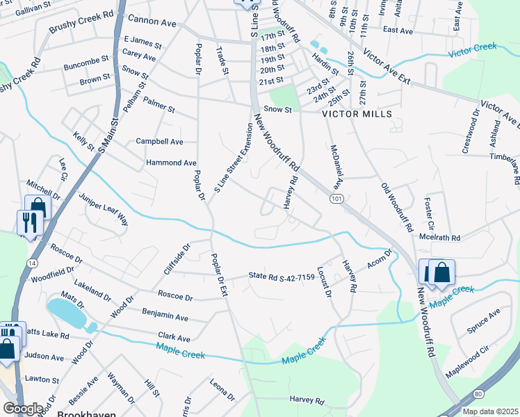 map of restaurants, bars, coffee shops, grocery stores, and more near 208 Perry Avenue in Greer