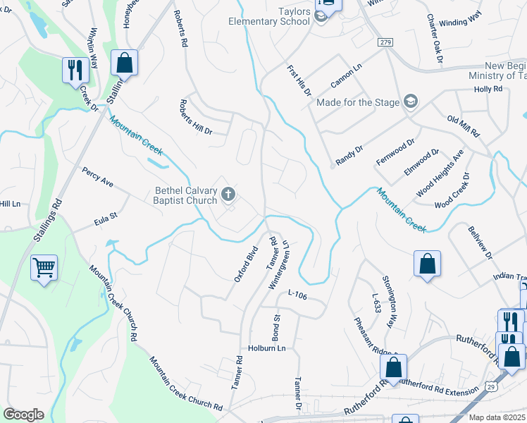 map of restaurants, bars, coffee shops, grocery stores, and more near 313 Robin Hood Road in Taylors
