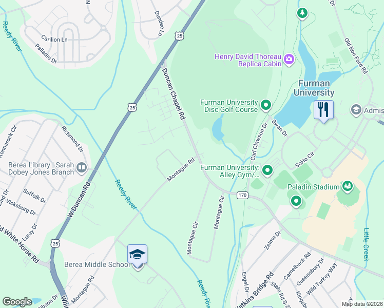 map of restaurants, bars, coffee shops, grocery stores, and more near 2601 Duncan Chapel Road in Greenville