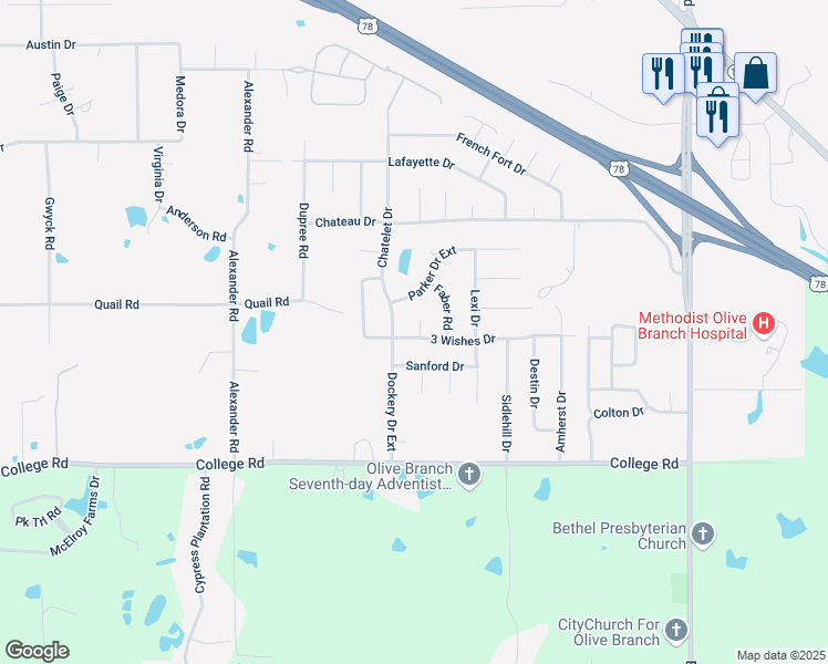 map of restaurants, bars, coffee shops, grocery stores, and more near 4227 Three Wishes Cove in Olive Branch