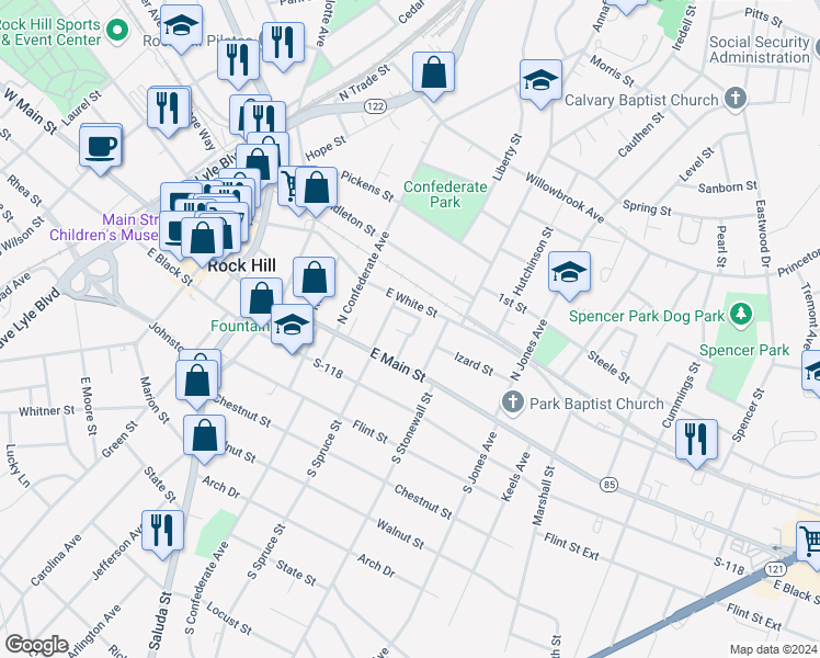 map of restaurants, bars, coffee shops, grocery stores, and more near 510 Old High Court in Rock Hill