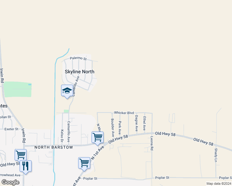 map of restaurants, bars, coffee shops, grocery stores, and more near Whicker Boulevard in San Bernardino County
