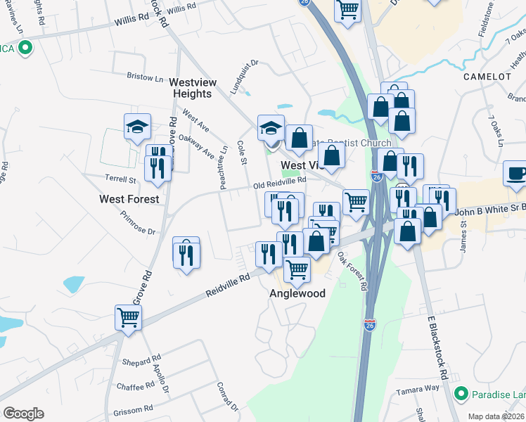 map of restaurants, bars, coffee shops, grocery stores, and more near 274 Augusta Road in Spartanburg
