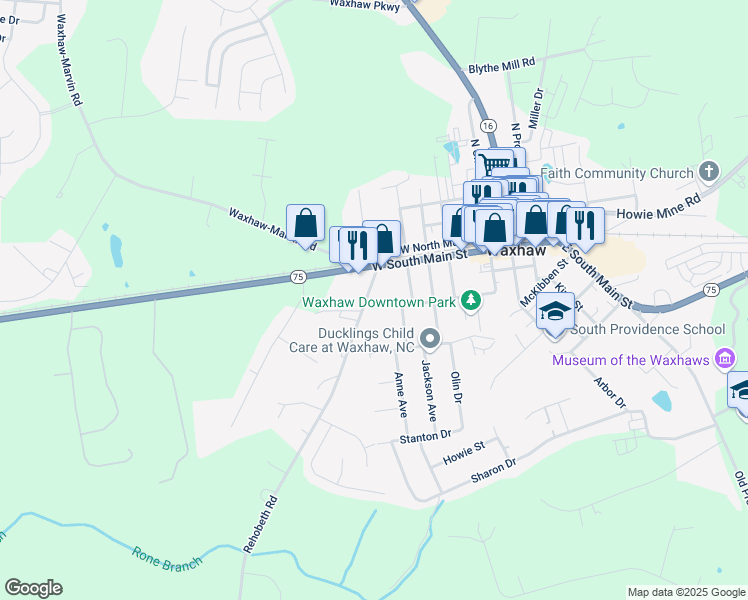 map of restaurants, bars, coffee shops, grocery stores, and more near 205 Rehobeth Road in Waxhaw
