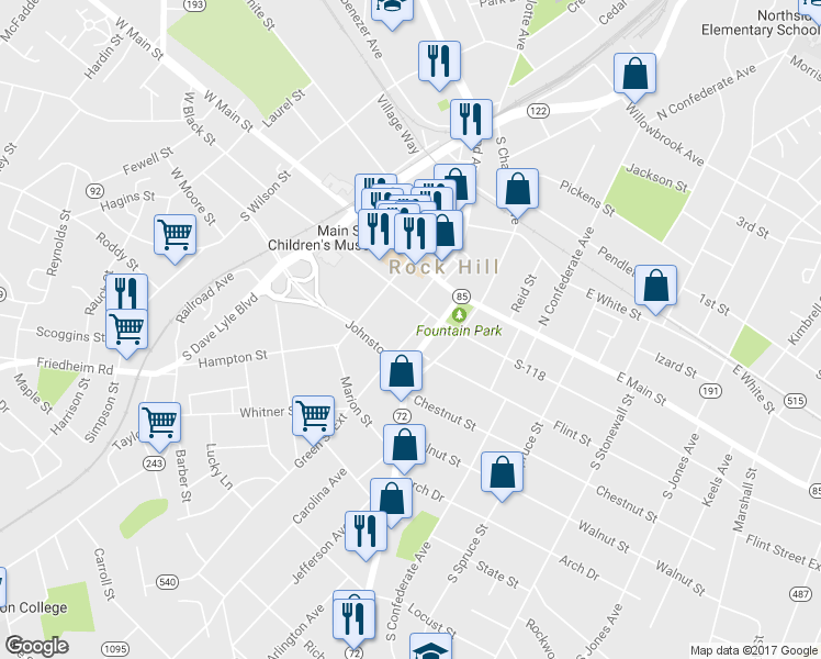 map of restaurants, bars, coffee shops, grocery stores, and more near 222 Green Street in Rock Hill