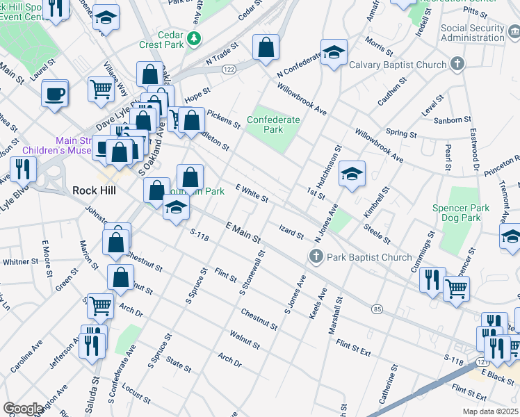 map of restaurants, bars, coffee shops, grocery stores, and more near 136 Gladstone Court in Rock Hill
