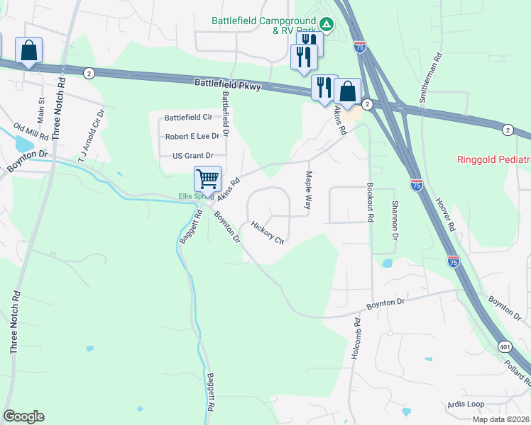 map of restaurants, bars, coffee shops, grocery stores, and more near 31 Aspen Court in Ringgold