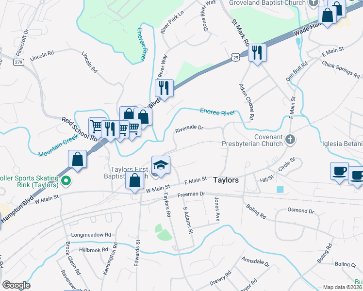 map of restaurants, bars, coffee shops, grocery stores, and more near 3 Riverside Drive in Taylors