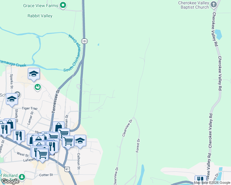 map of restaurants, bars, coffee shops, grocery stores, and more near 525 Inman Street in Ringgold