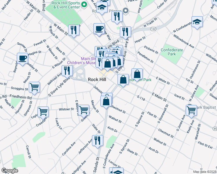 map of restaurants, bars, coffee shops, grocery stores, and more near 222 Green Street in Rock Hill
