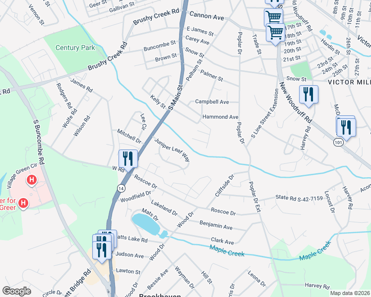 map of restaurants, bars, coffee shops, grocery stores, and more near 301 Juniper Leaf Way in Greer