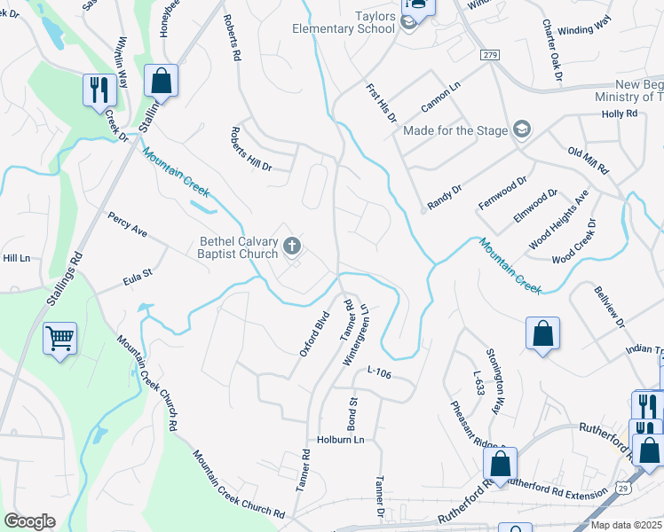 map of restaurants, bars, coffee shops, grocery stores, and more near 313 Robin Hood Road in Taylors