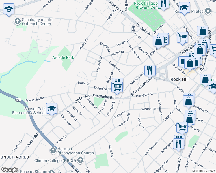 map of restaurants, bars, coffee shops, grocery stores, and more near 224 Scoggins Street in Rock Hill