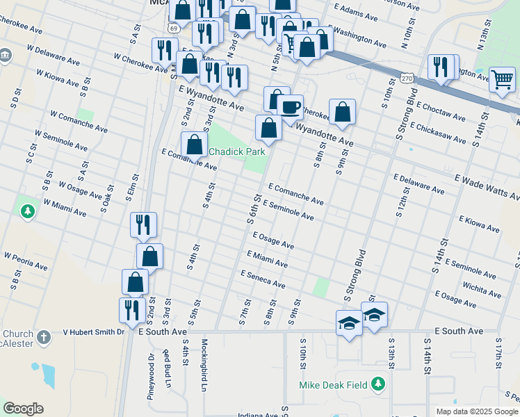 map of restaurants, bars, coffee shops, grocery stores, and more near 700 South 6th Street in McAlester