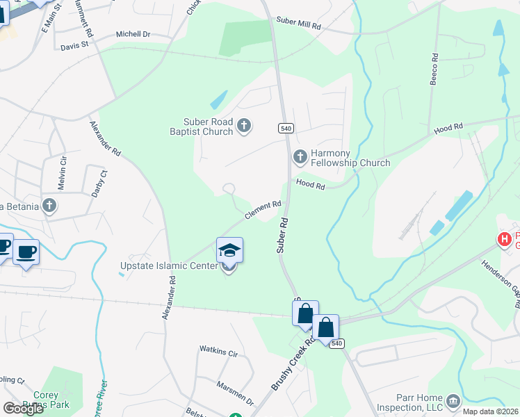 map of restaurants, bars, coffee shops, grocery stores, and more near 1513 Clement Road in Greer