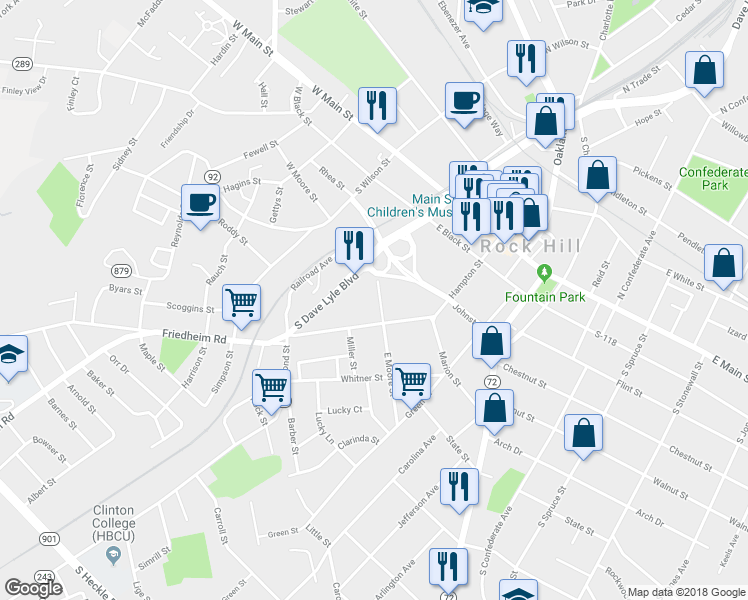 map of restaurants, bars, coffee shops, grocery stores, and more near 140 East Moore Street in Rock Hill