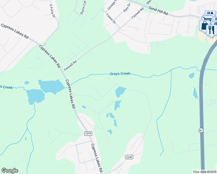 map of restaurants, bars, coffee shops, grocery stores, and more near 5379 Club House Lane in Hope Mills
