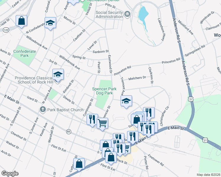 map of restaurants, bars, coffee shops, grocery stores, and more near 1046 Eastwood Drive in Rock Hill