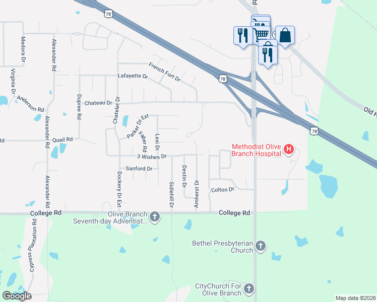 map of restaurants, bars, coffee shops, grocery stores, and more near 10676 3 Wishes Drive in Olive Branch