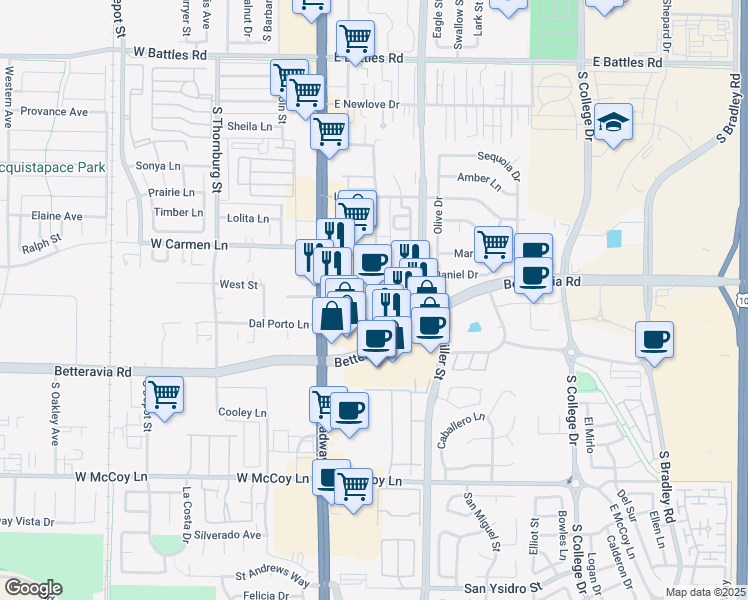 map of restaurants, bars, coffee shops, grocery stores, and more near 223 East Betteravia Road in Santa Maria