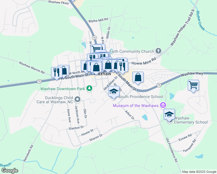 map of restaurants, bars, coffee shops, grocery stores, and more near 301 McKibben Street in Waxhaw