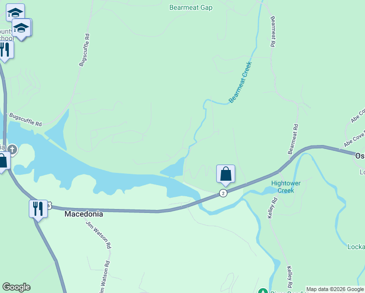 map of restaurants, bars, coffee shops, grocery stores, and more near 1720 Davis Road in Hiawassee