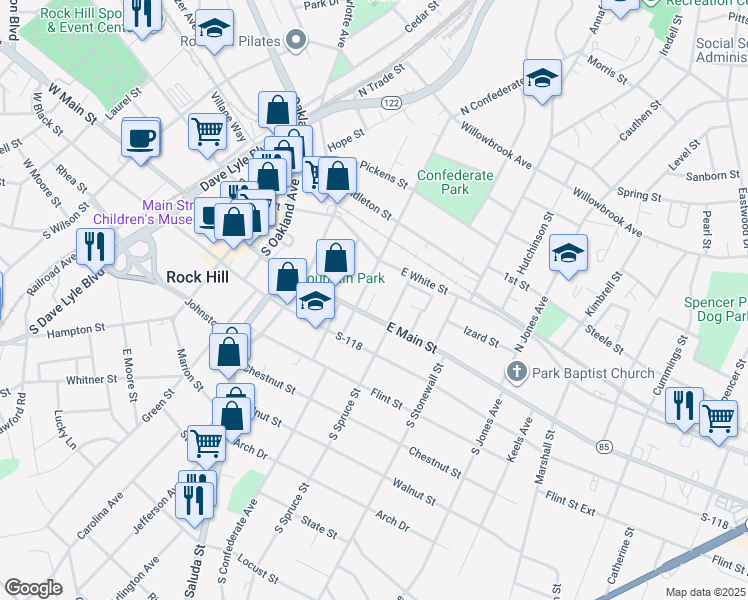 map of restaurants, bars, coffee shops, grocery stores, and more near 114 North Confederate Avenue in Rock Hill