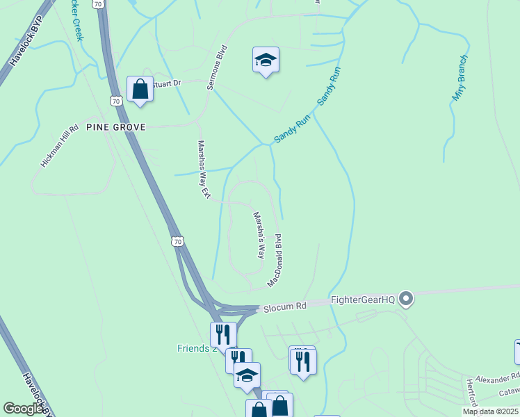 map of restaurants, bars, coffee shops, grocery stores, and more near 428 Marsha's Way in Havelock