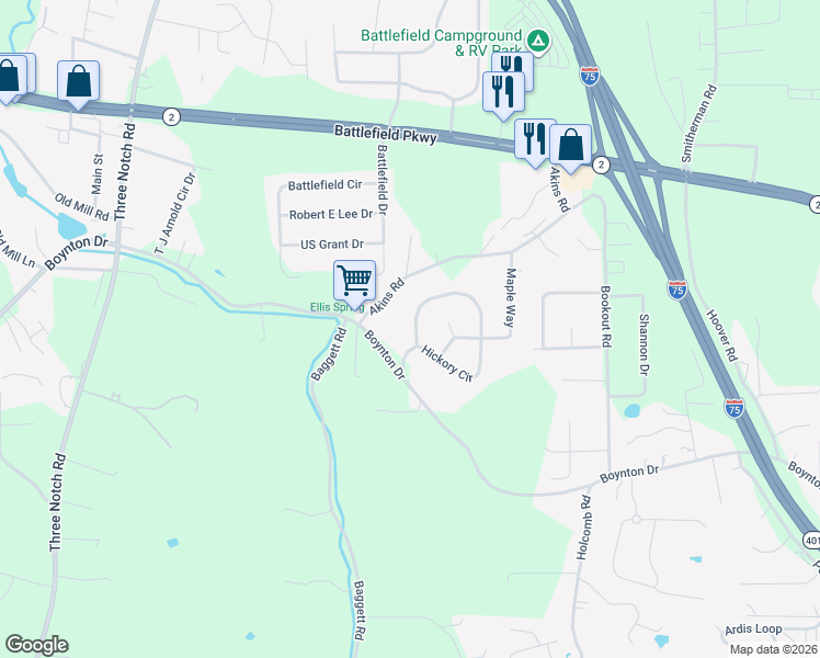 map of restaurants, bars, coffee shops, grocery stores, and more near 592 Hickory Circle in Ringgold