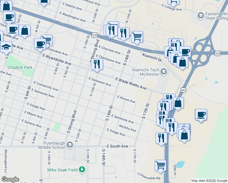 map of restaurants, bars, coffee shops, grocery stores, and more near 411 South 14th Street in McAlester