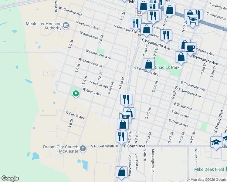 map of restaurants, bars, coffee shops, grocery stores, and more near 34 West Osage Avenue in McAlester