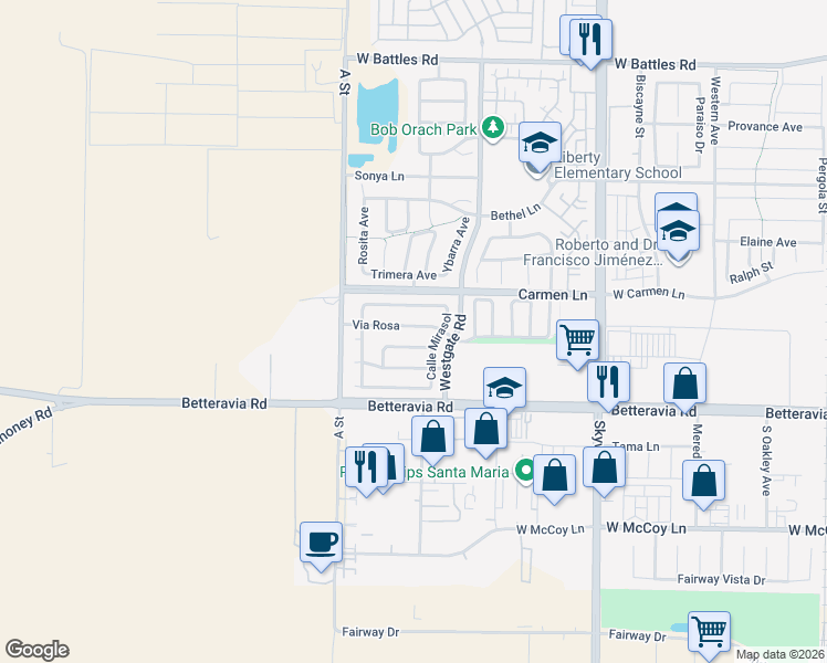 map of restaurants, bars, coffee shops, grocery stores, and more near 1408 Via Rosa in Santa Maria