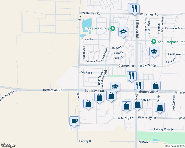 map of restaurants, bars, coffee shops, grocery stores, and more near 1436 Via Rosa in Santa Maria