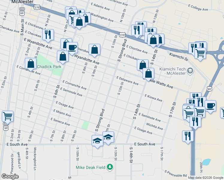 map of restaurants, bars, coffee shops, grocery stores, and more near 518 South Strong Boulevard in McAlester