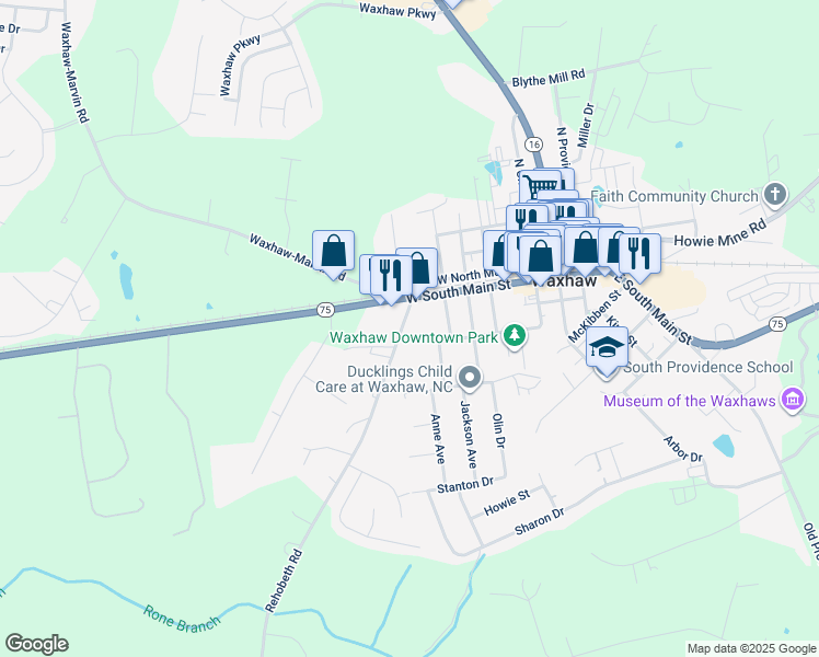 map of restaurants, bars, coffee shops, grocery stores, and more near 205 Rehobeth Road in Waxhaw