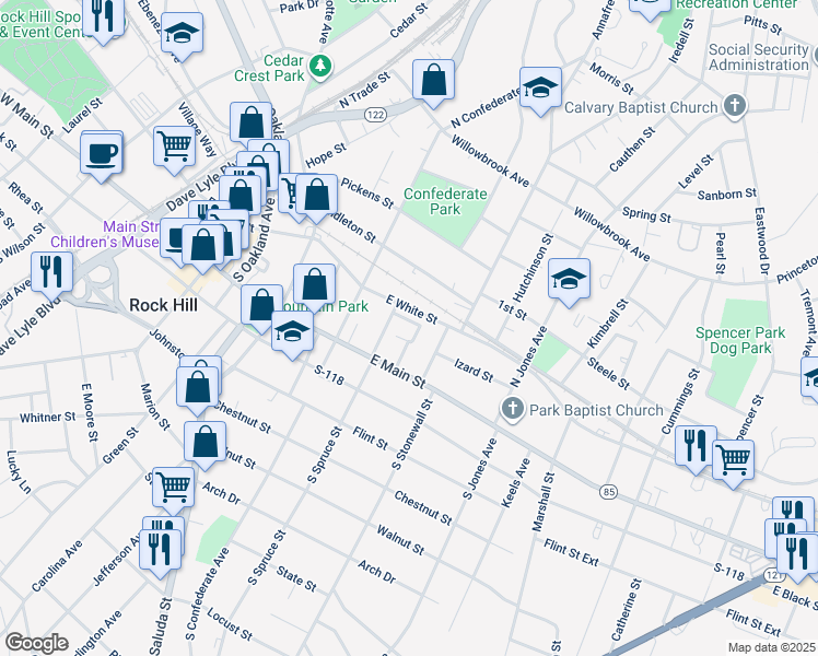 map of restaurants, bars, coffee shops, grocery stores, and more near 136 Gladstone Court in Rock Hill