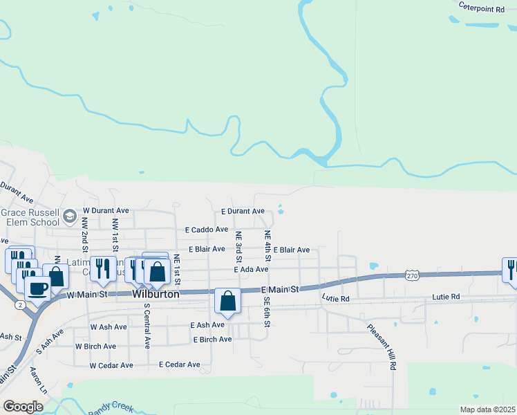 map of restaurants, bars, coffee shops, grocery stores, and more near 419 Northeast 4th Place in Wilburton