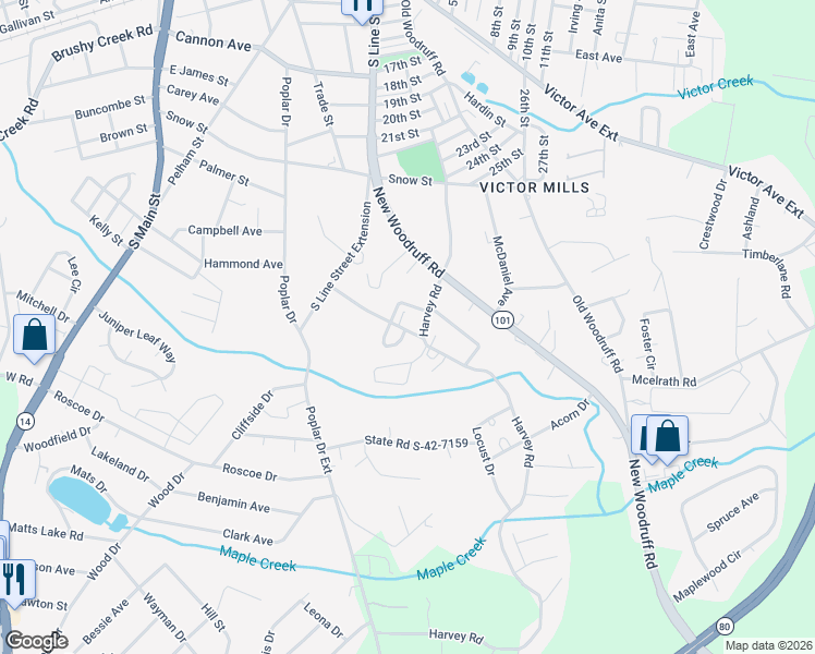 map of restaurants, bars, coffee shops, grocery stores, and more near 111 Perry Avenue in Greer