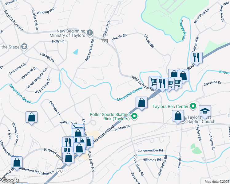 map of restaurants, bars, coffee shops, grocery stores, and more near 115 Reid School Road in Taylors