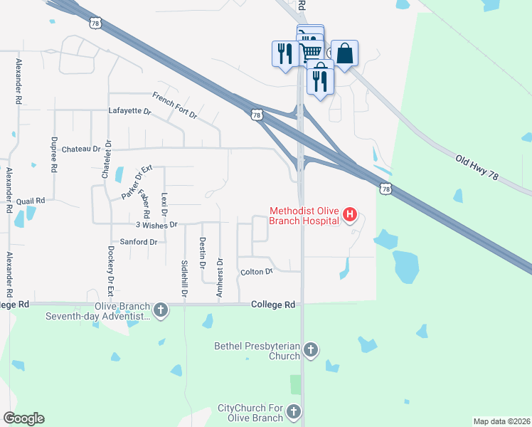 map of restaurants, bars, coffee shops, grocery stores, and more near 10886 Blake Circle in Olive Branch