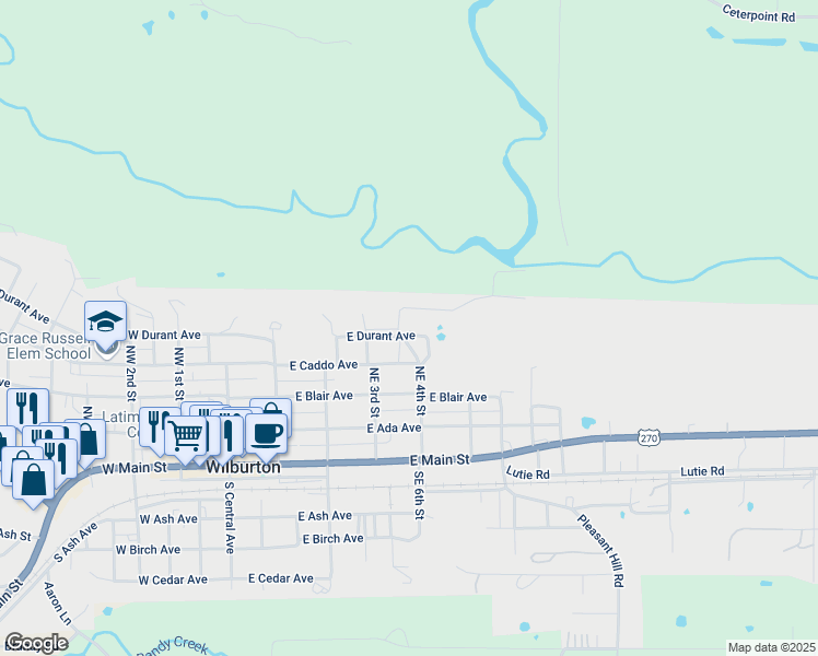 map of restaurants, bars, coffee shops, grocery stores, and more near 419 Northeast 4th Street in Wilburton