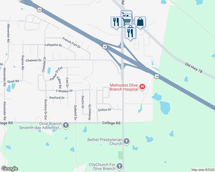 map of restaurants, bars, coffee shops, grocery stores, and more near 10886 Blake Circle in Olive Branch
