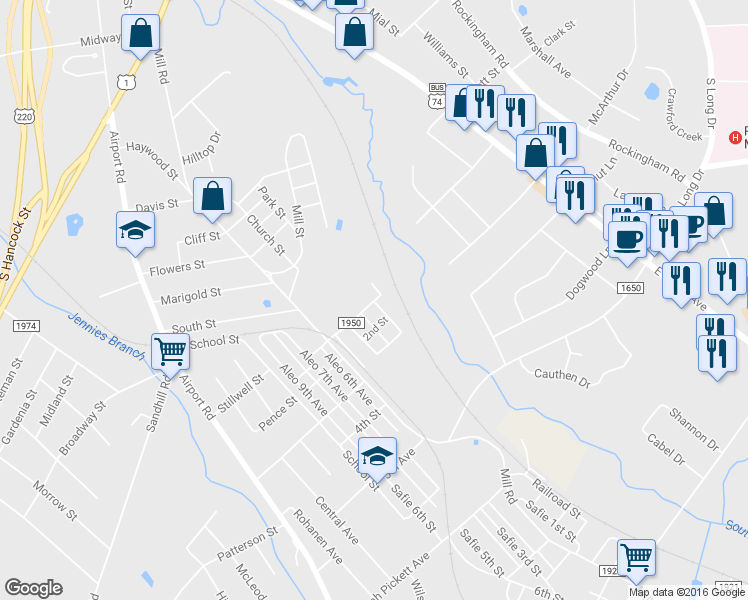 map of restaurants, bars, coffee shops, grocery stores, and more near 188 1st Street in Rockingham