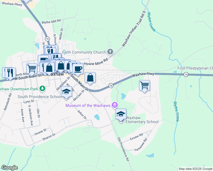 map of restaurants, bars, coffee shops, grocery stores, and more near 801 East South Main Street in Waxhaw