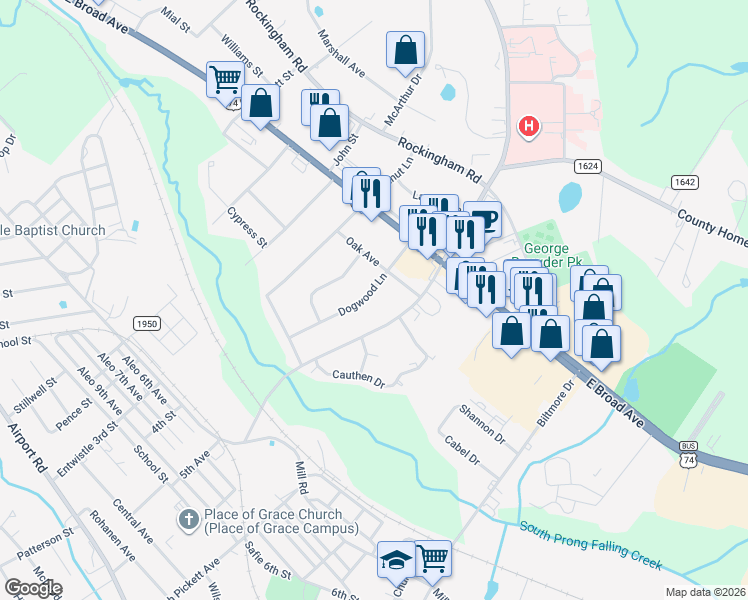 map of restaurants, bars, coffee shops, grocery stores, and more near 726 Dogwood Lane in Rockingham