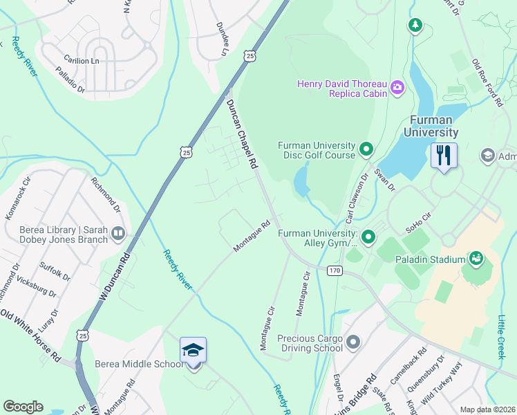 map of restaurants, bars, coffee shops, grocery stores, and more near 2601 Duncan Chapel Road in Greenville